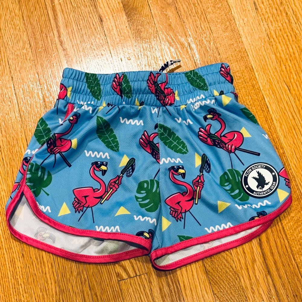 Blue Flamingo Print Athletic Shorts